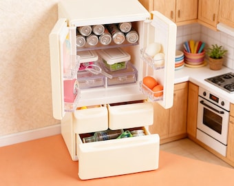 1:12 Maßstab Mini Puppenhaus Kühlschrank, Pastell Doppeltür Miniatur Kühlschrank mit Schubladen, gemütliches Puppenhaus Küche Dekor