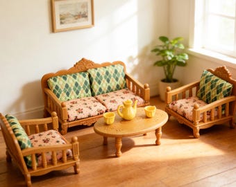 1:12 Scale Cozy Dollhouse Living Room Furniture Set, ABS Mini Sofa Chairs Table with Cushions, Miniature Home Decor, Mini Gift