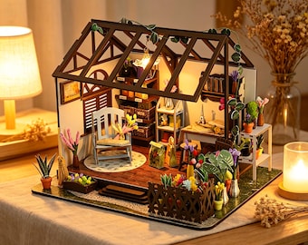 Conjunto de casita de bosque en miniatura para armar, pequeña casa de hadas hecha a mano, regalo artesanal perfecto para amantes de las casas de muñecas.