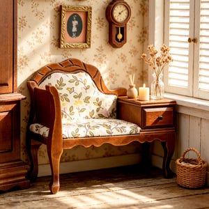 1:12 Vintage Miniature Sofa with Side Table, Handmade Wooden Couch, Mini Living Room Decor, Dollhouse Furniture