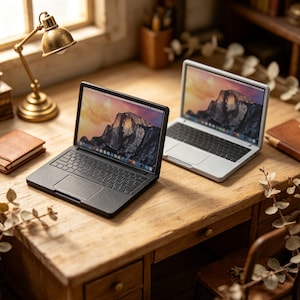 May include: Two miniature laptop computers are displayed on a wooden desk. One laptop features a black chassis and keyboard, while the other has a light gray chassis and keyboard. Both screens show a mountain landscape wallpaper with a taskbar.