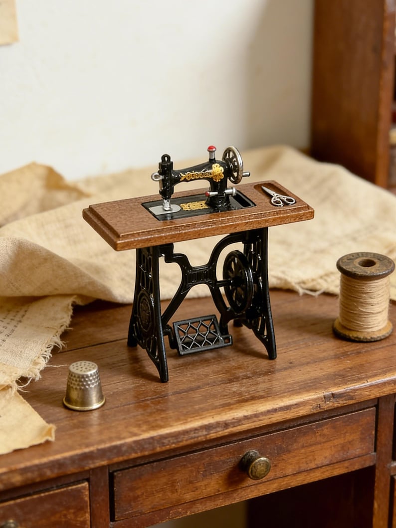 K&ouml;nnte beinhalten: Eine Miniatur-Antik-N&auml;hmaschine mit einem schwarzen Gusseisenfu&szlig; und einer Holzplatte. Die Maschine hat goldene Akzente und einen roten Knopf. Ein Fingerhut, eine Schere und eine Garnrolle sind ebenfalls vorhanden.