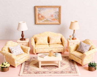 1:12 Puppenhaus Miniatur Gelb Blumen Sofa Set, Mini Wohnzimmer Möbel, gemütliche Puppenhaus Dekor