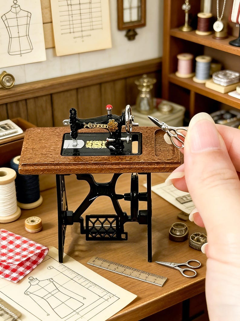 K&ouml;nnte beinhalten: Miniatur-N&auml;hmaschine mit einem Holztisch und schwarzem Metallgestell. Die Maschine ist schwarz mit goldenen Akzenten und einem roten Knopf. Zubeh&ouml;r umfasst Garnrollen, Scheren und ein Lineal, was auf ein Bastel- oder Hobbythema hindeutet.