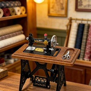 K&ouml;nnte beinhalten: Eine Miniatur-N&auml;hmaschine mit schwarzem Geh&auml;use und goldenen Details steht auf einem Holztisch. Daneben liegt eine kleine Schere. Die Szene spielt in einem Miniatur-Schneiderladen, mit Stoffrollen im Hintergrund.