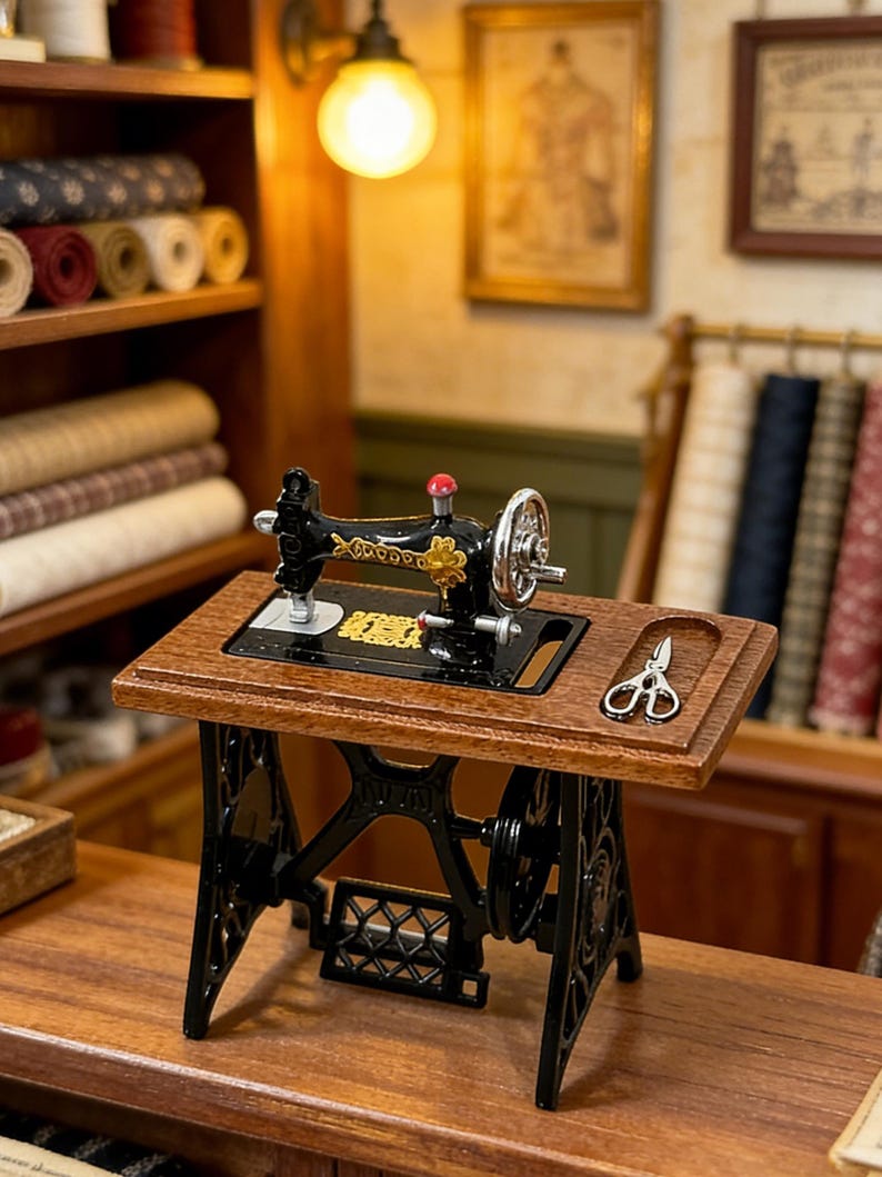 K&ouml;nnte beinhalten: Eine Miniatur-N&auml;hmaschine mit schwarzem Geh&auml;use und goldenen Details steht auf einem Holztisch. Daneben liegt eine kleine Schere. Die Szene spielt in einem Miniatur-Schneiderladen, mit Stoffrollen im Hintergrund.