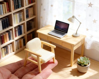 1:12 Scale Miniature Wooden Armchair, Mid Century Modern Dollhouse Furniture, Mini Upholstered Chair for Dollhouse Living Room Decor