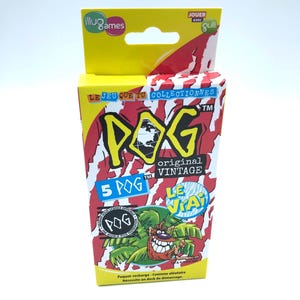 May include: A red and white box with a cartoon character on the front. The box is labeled "POG original vintage" and "5 POG". The box is for a game called "POG".