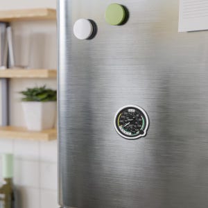 May include: A round, black and white magnet featuring a gauge design with a white border. The gauge has green, yellow, and red markings, and the needle points to 100. Two round magnets, one white and one green, are also visible.
