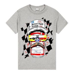May include: A gray t-shirt featuring a cartoon design of a beer can wearing sunglasses, a hat, and a mustache. The can has the word "Merica" on it. The hat says "Raise Hell Praise Golf".