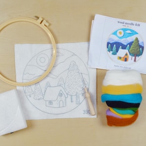 Winter Cabin Needle Felting Kit - Wool Art Craft Kit Hoop Art Fiber Art - Beginner Craft Kits
