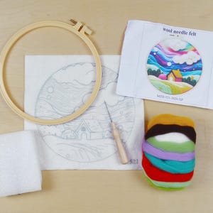 Rainbow Cottage Needle Felting Kit - Wool Art Craft Kit Hoop Art Fiber Art - Beginner Craft Kits