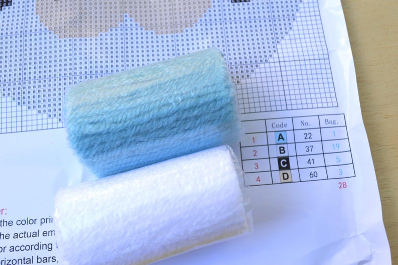 May include: Close-up of four skeins of embroidery floss, two white and two light blue. The floss is labelled with letters A, B, C, and D, and numbers 22, 37, 41, and 60. The floss is for cross-stitch embroidery.
