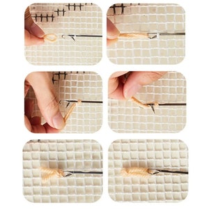 May include: A close-up of a hand using a tapestry needle to weave yarn through a white mesh canvas. The needle has a hook at the end to help secure the yarn. The yarn is a light peach colour.