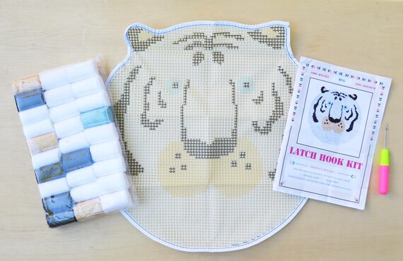 White Tiger Rug Latch Hook Kit - DIY Beginner Craft Kit - Rug Making Kit