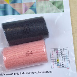 May include: Two rolls of embroidery floss, one black and one pink. The black roll has the number 40 printed on it, and the pink roll has the number 54 printed on it.