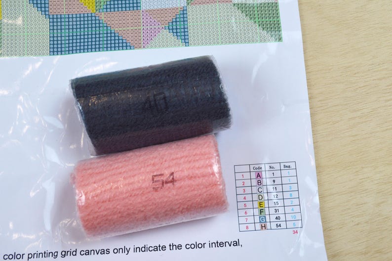 May include: Two rolls of embroidery floss, one black and one pink. The black roll has the number 40 printed on it, and the pink roll has the number 54 printed on it.