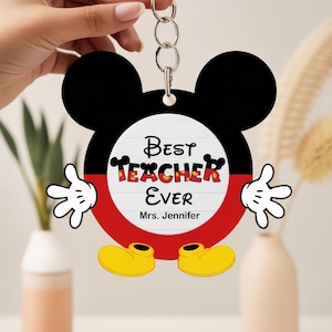 Back to School Teacher Keychain, Personalized Mickey Inspired Gift for Educators, Custom Name Bag Tag, Best Teacher Ever Key Ring Charm
