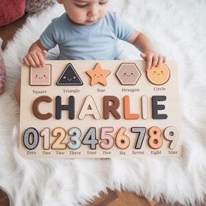 Personalized Wooden Name Puzzle Board with Shapes & Numbers–Montessori Toy for Toddlers,Preschool Learning Gift,Custom Baby Educational Toy