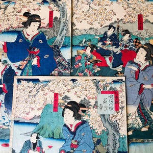 Y4188 WOODBLOCK PRINT Kunisada Cherry-blossom viewing triptych Japan Ukiyoe art