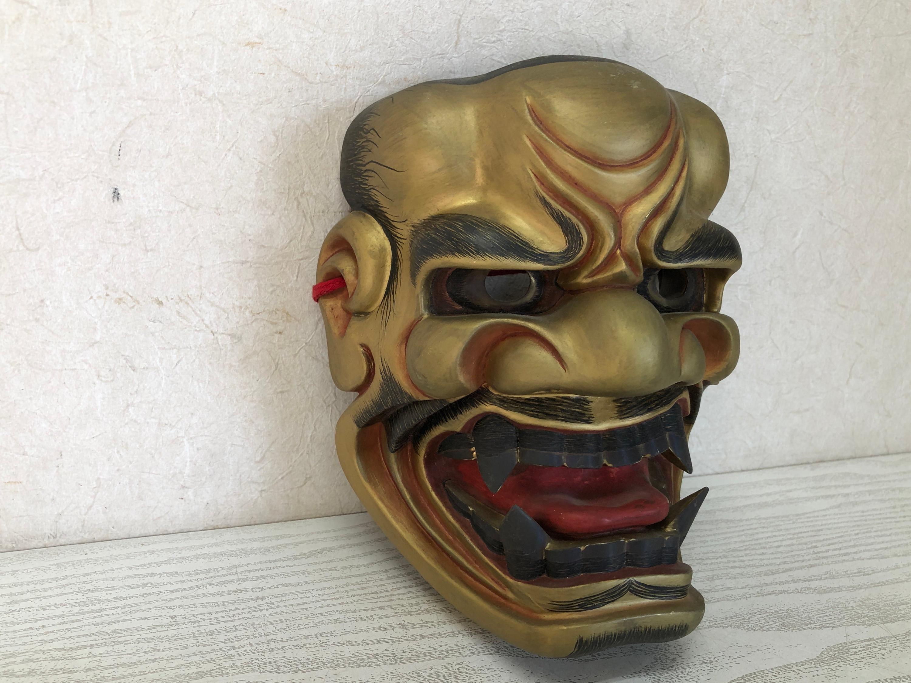 Y3592 能面 獅子口 木彫り サイン入り 日本製 アンティーク 縁起物