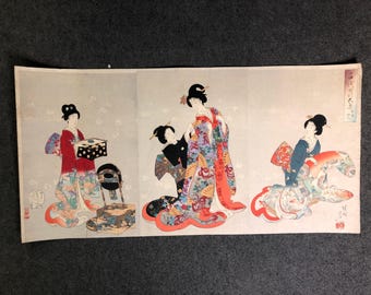 日本のアンティーク浮世絵、木版画、1906年、日本のアンティーク木版画