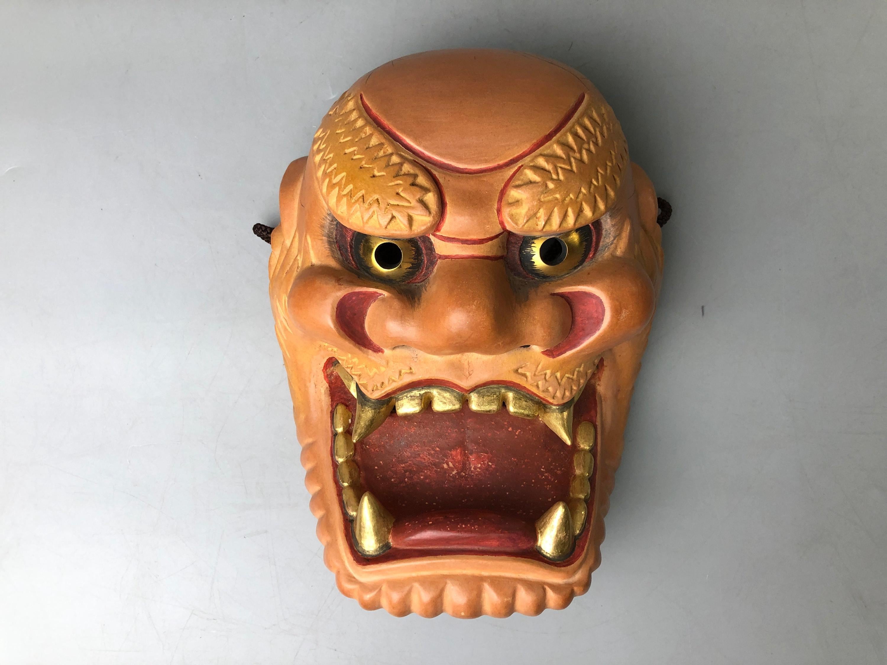 Y7373 能面 木彫り 雷袋 銘あり 日本製 アンティーク 伝統的 縁起物