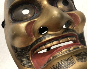 Y3594 能面 黒ひげ 木彫り サイン入り 日本製 アンティーク 縁起物