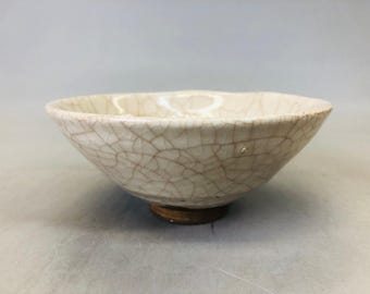 Y6661 [VIDEO] CHAWAN Shino-ware Flat Signed Box Japan Antique Tea