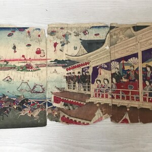 Y2450 WOODBLOCK PRINT Ueno Park Horse Racing 3 pieces Japanese Ukiyoe vintage