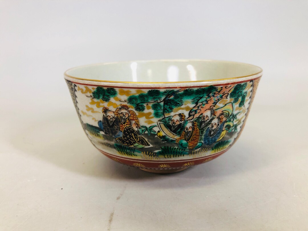 Y6434 [VIDEO] CHAWAN Kutani-ware Color Picture Signed Japan Antique Tea ...