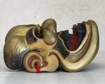 Y3592 能面 獅子口 木彫り サイン入り 日本製 アンティーク 縁起物
