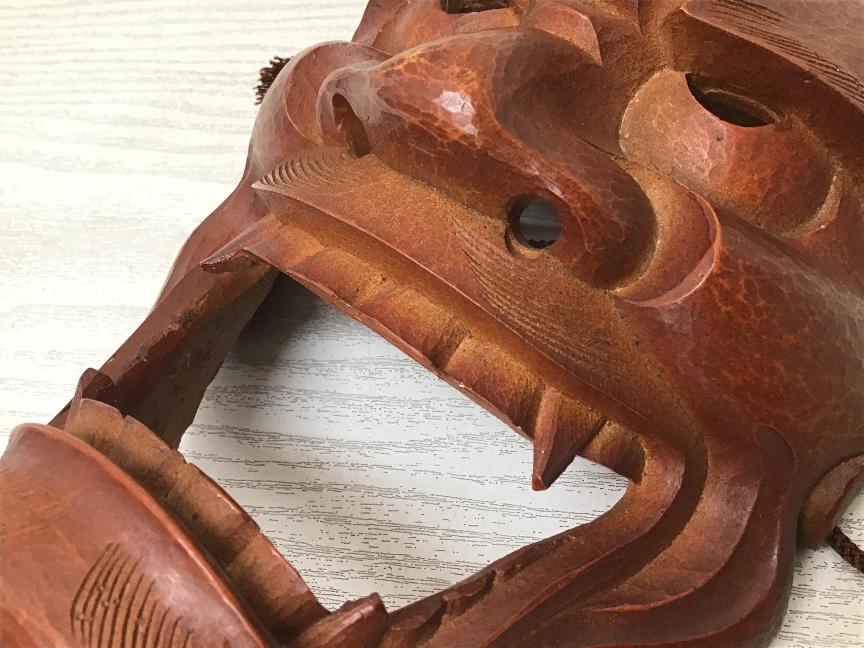 Y2757 能面 木彫り サイン入り 日本製 ヴィンテージ 縁起物