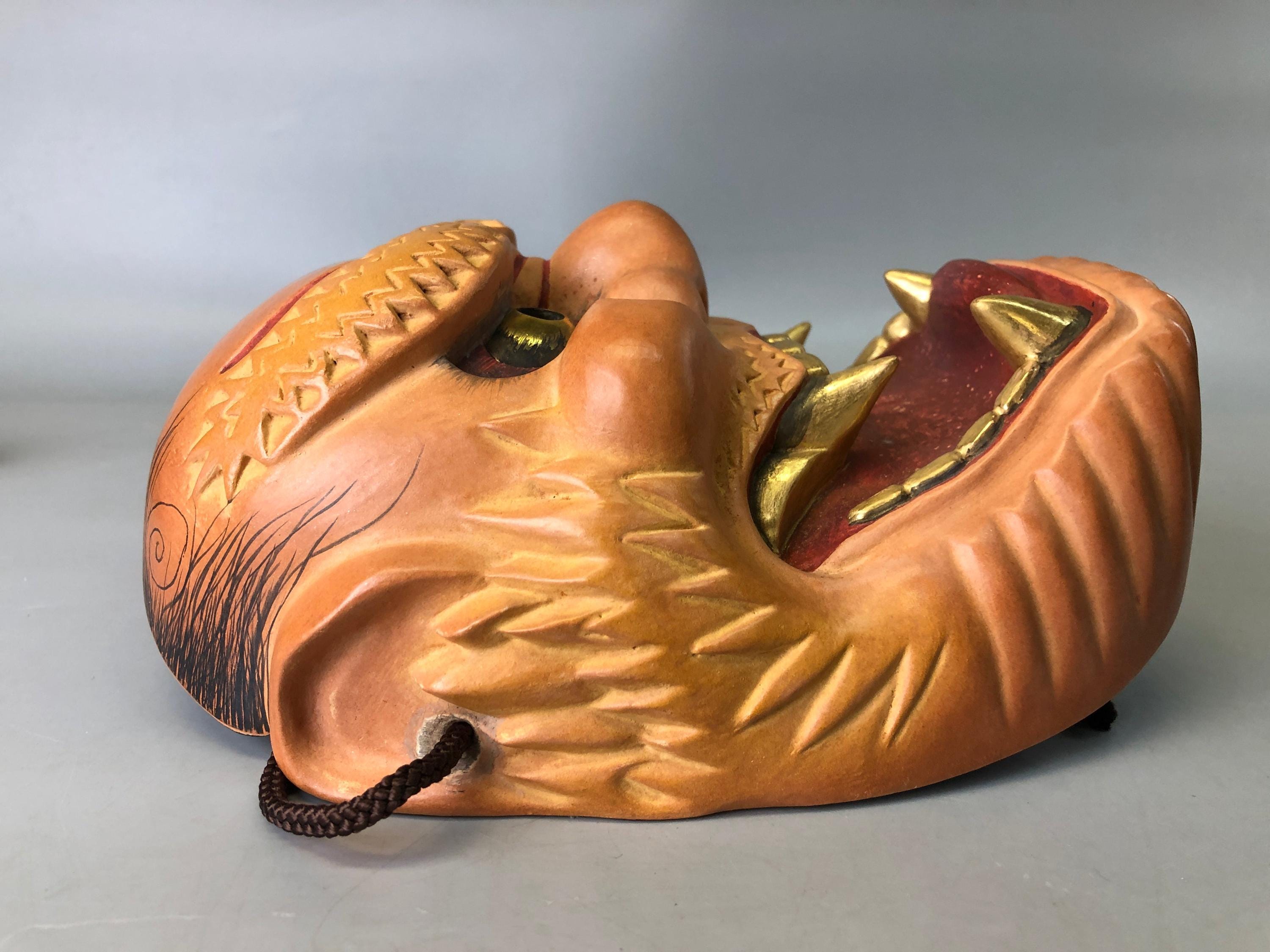 Y7373 能面 木彫り 雷袋 銘あり 日本製 アンティーク 伝統的 縁起物