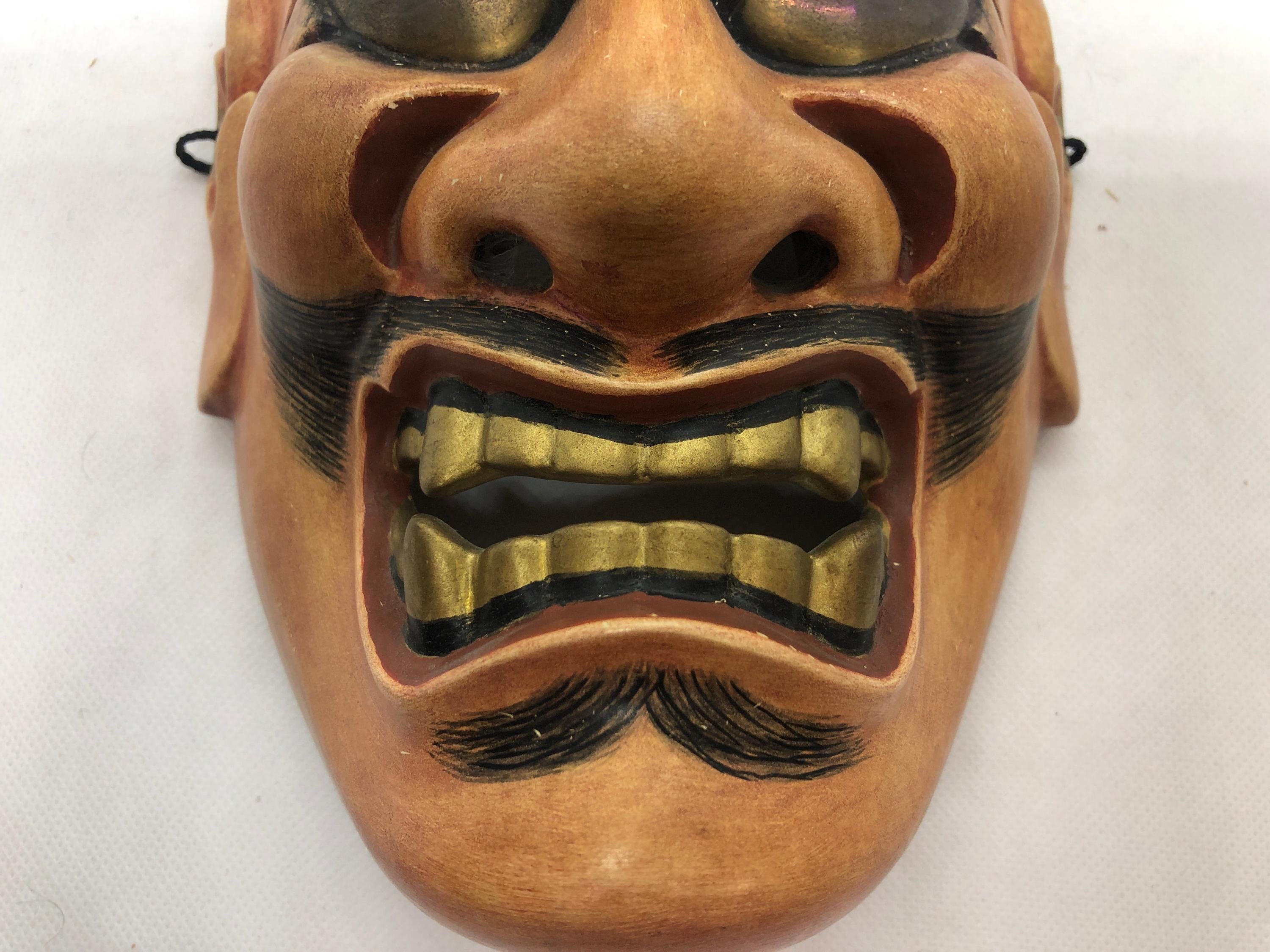 Wooden Noh Mask　木製能面 Y4664 NOH MASK Wood Carving Shikami Signed Japan Antique