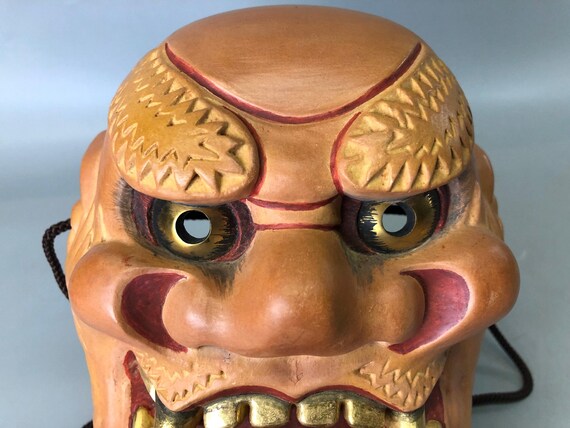 Y7373 能面 木彫り 雷袋 銘あり 日本製 アンティーク 伝統的 縁起物