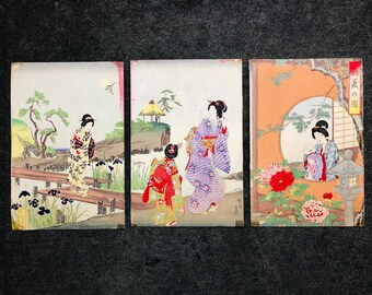 Y7184 WOODBLOCK PRINT Chikanobu Triptych Japan Ukiyoe Y7184 WOODBLOCK PRINT Chikanobu Triptych Japan Ukiyoe