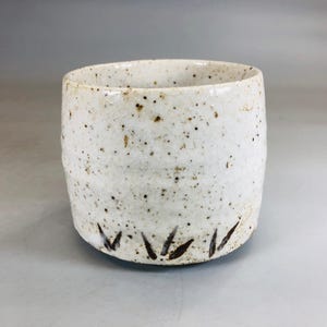 May include: A white ceramic teacup with brown speckles and a brown leaf design around the bottom.