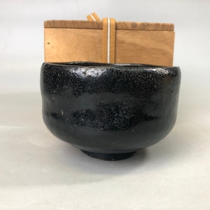 Y7493 CHAWAN Raku-ware svart skål signerad ask Japan antik teceremoni keramik
