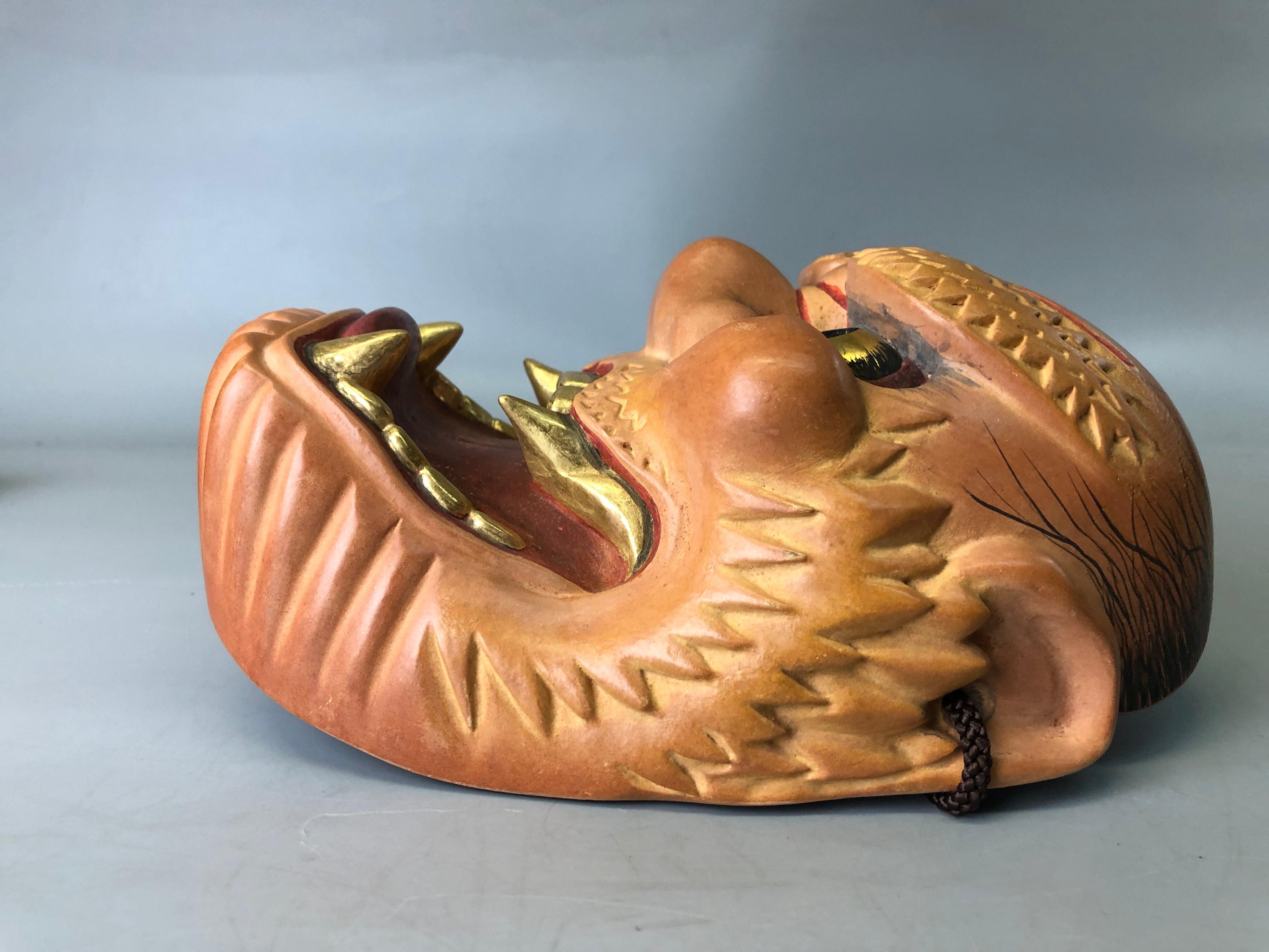 Y7373 能面 木彫り 雷袋 銘あり 日本製 アンティーク 伝統的 縁起物