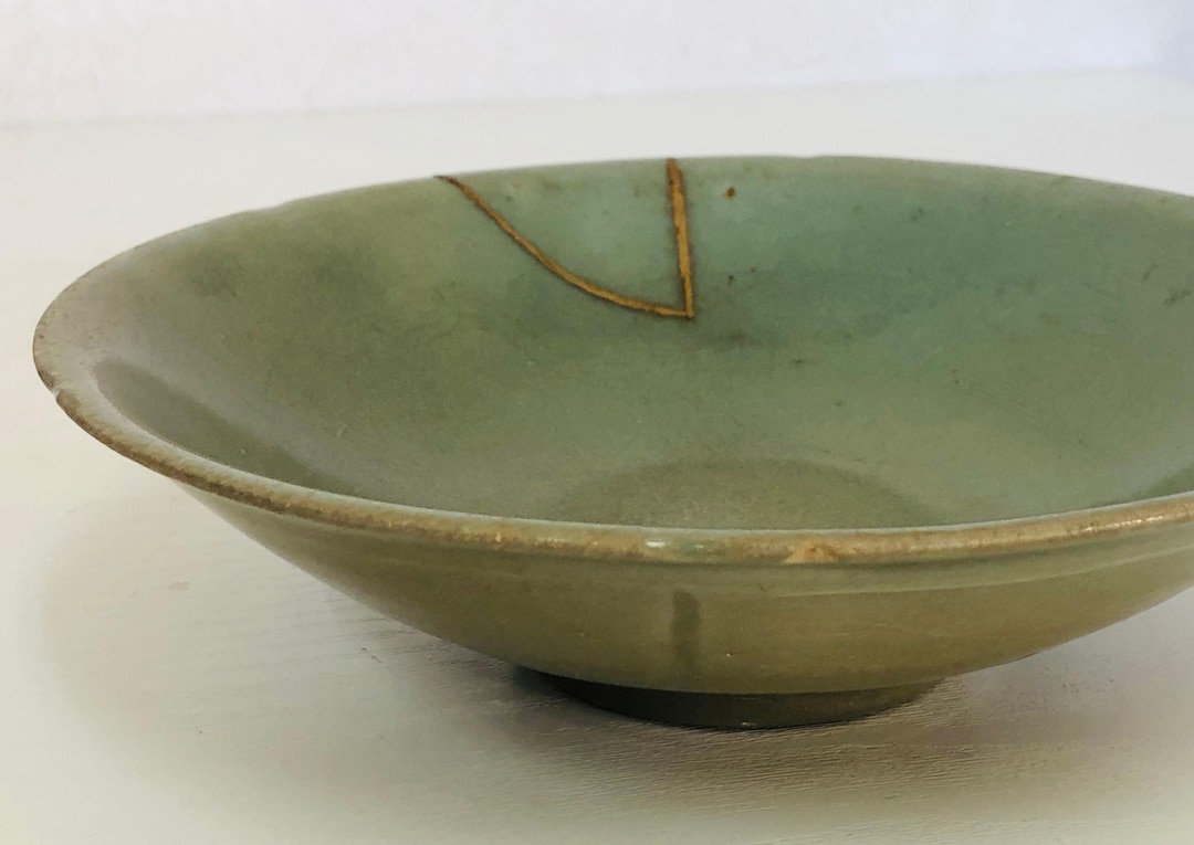 Y4105 CHAWAN Celadon Kintsugi Box Japan Antique Tea Ceremony Pottery ...