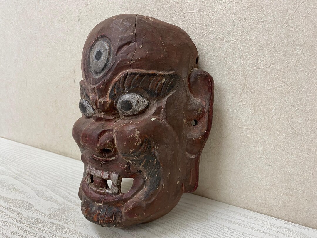 彫刻・オブジェ Wooden Noh Mask Y2864 NOH MASK Three-eyed Wood Carving Omen Japan Vintage Antique