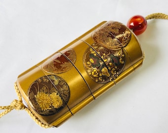 Y4615 INROU Makie Pill Box matt finish inside Japan antique kimono accessory