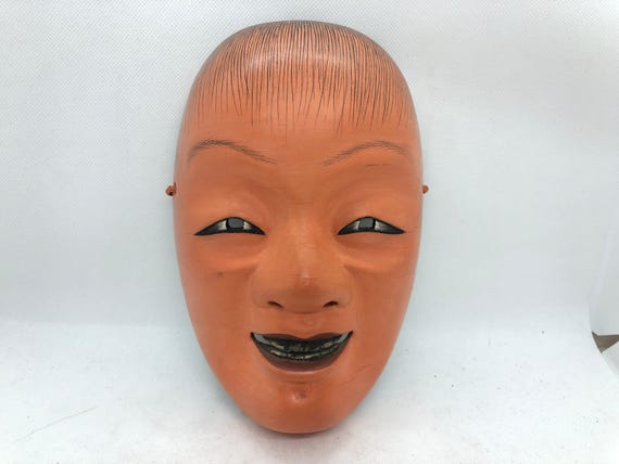 Y4670 NOH MASK Wood Carving Shoujou Signed Japan Antique Omen