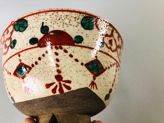 茶道具　唐草茶碗 Y6974 「ビデオ」 茶碗 京焼 赤絵 割烹台 日本製 アンティーク