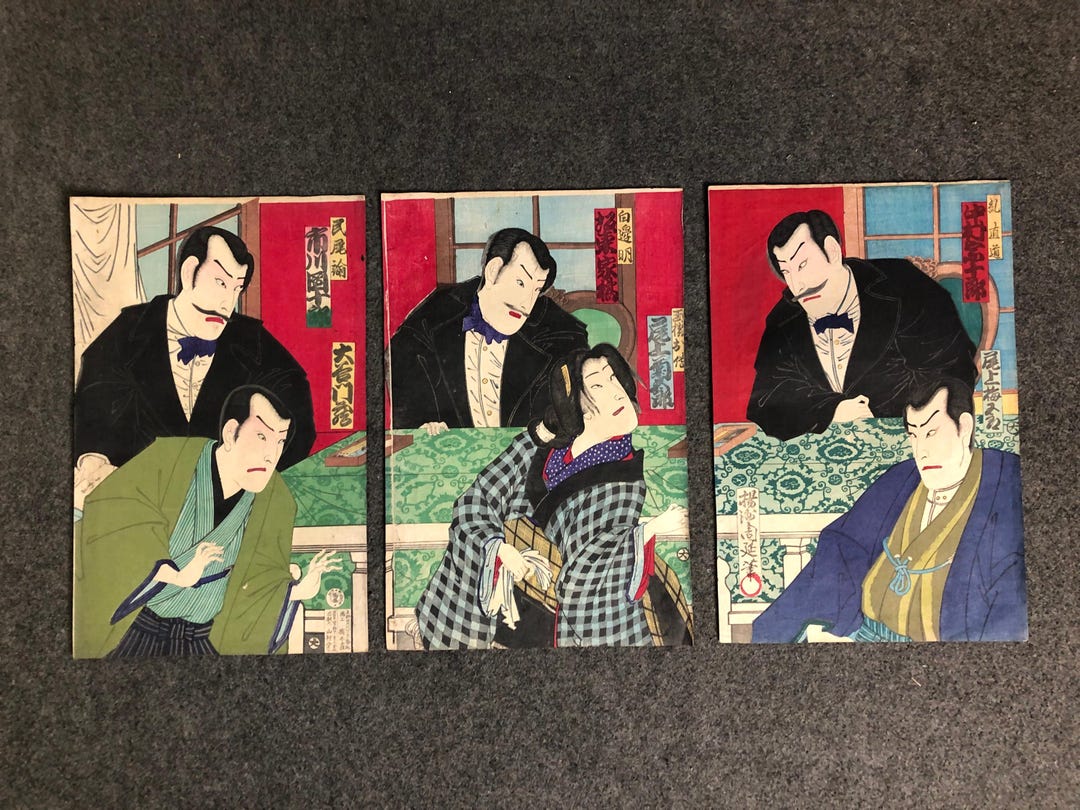 さくらんぼ♩ Y7789 WOODBLOCK PRINT Chikanobu Triptych Japan Ukiyoe