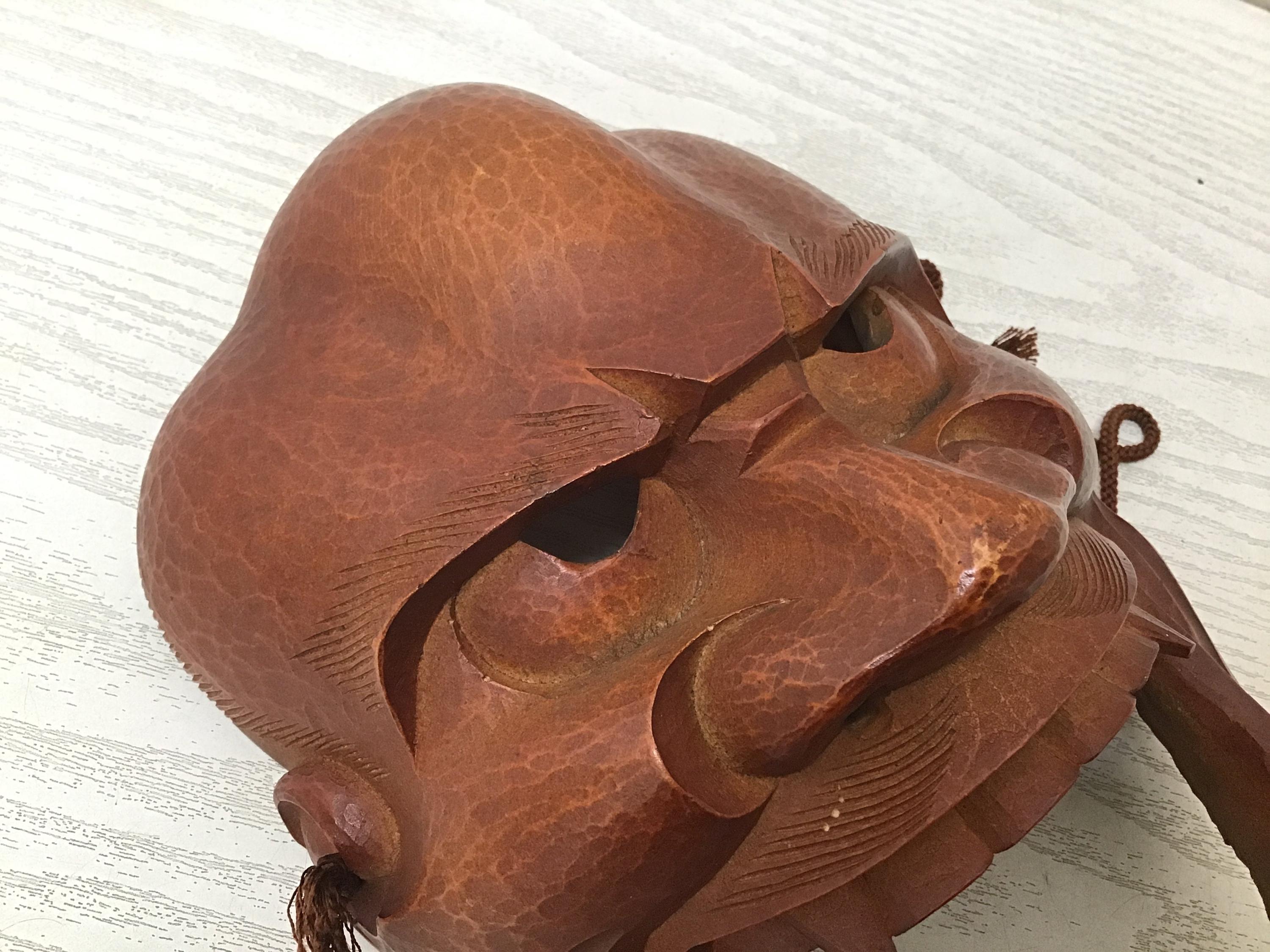 木製能面 Y2757 能面 木彫り サイン入り 日本製 ヴィンテージ 縁起物