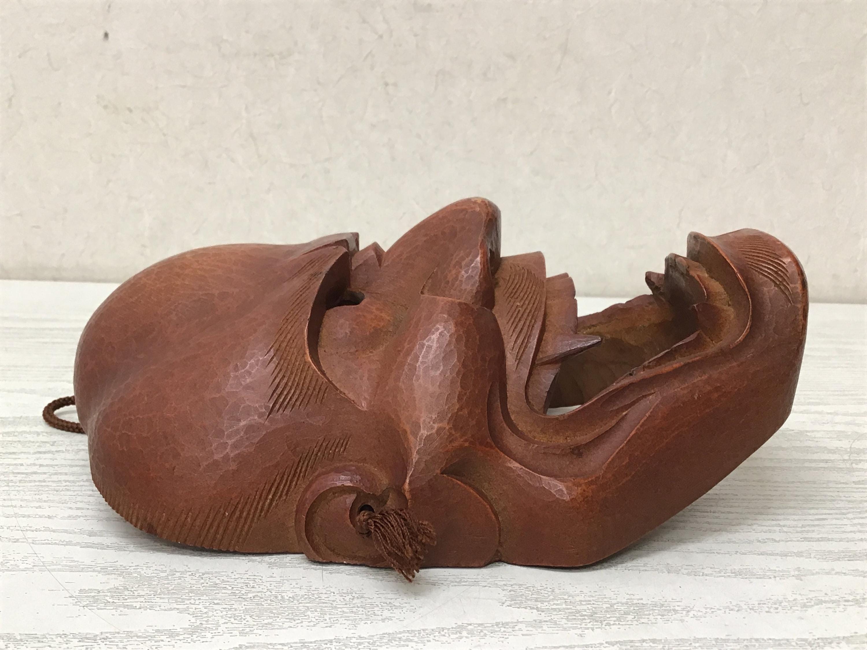 Y2757 能面 木彫り サイン入り 日本製 ヴィンテージ 縁起物