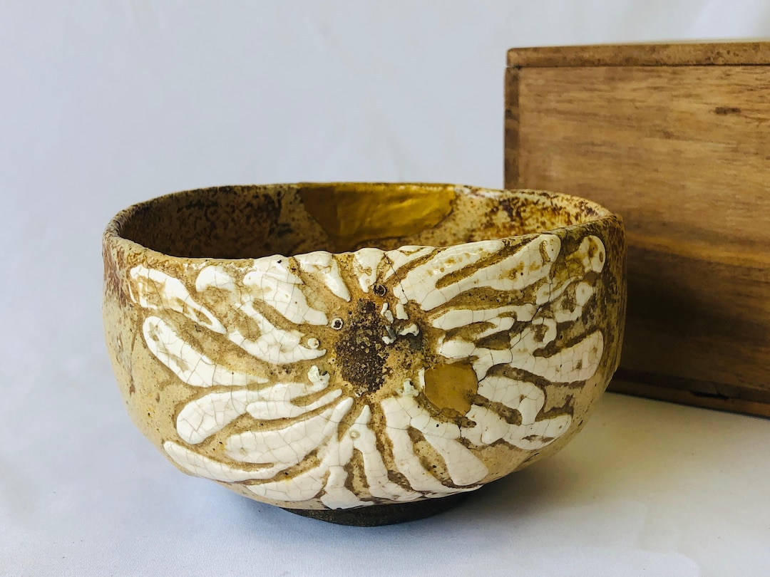 Y4704 CHAWAN Raku-ware Kintsugi Signed Box Japan Antique Tea Ceremony ...