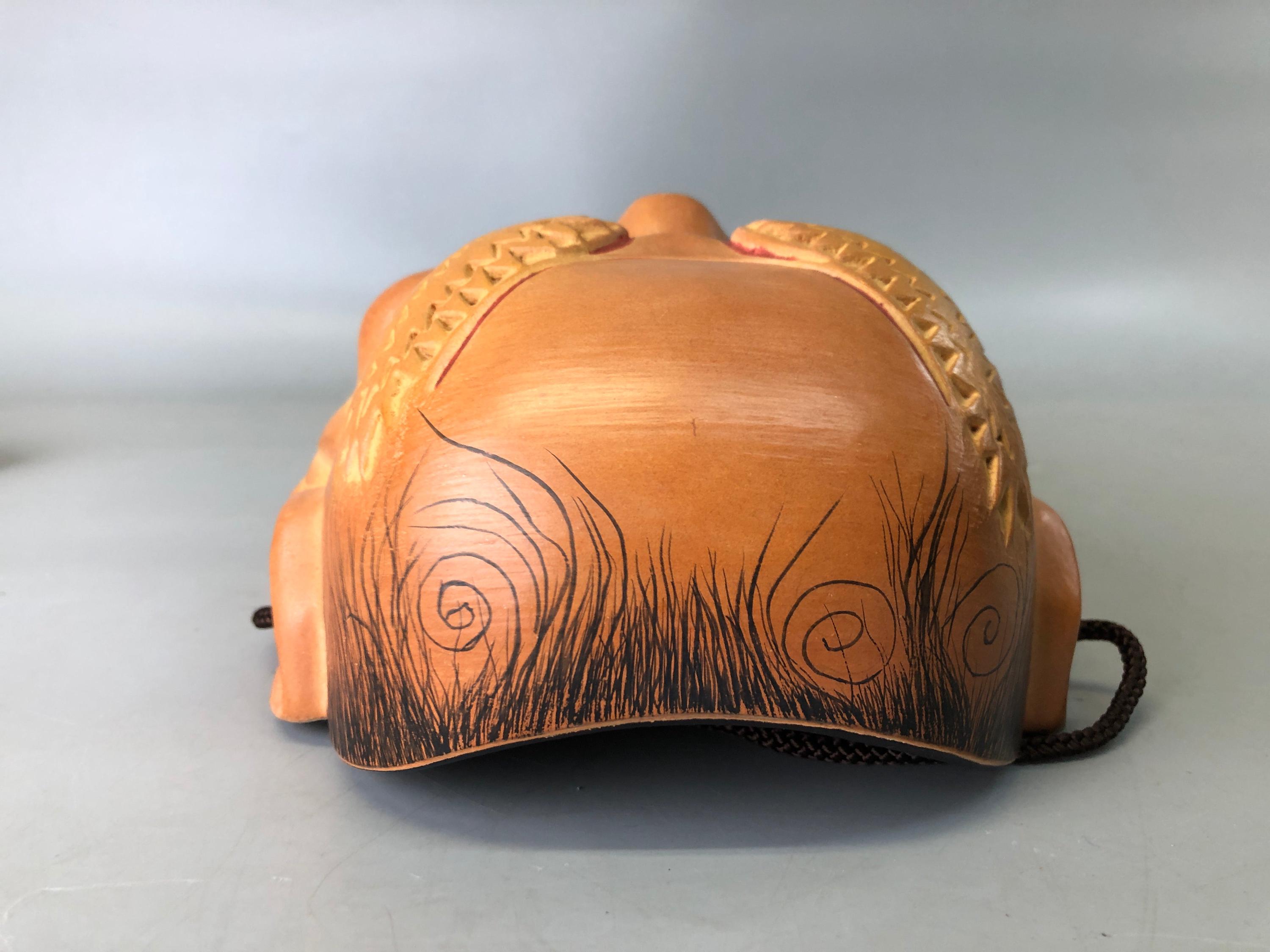 Y7373 能面 木彫り 雷袋 銘あり 日本製 アンティーク 伝統的 縁起物